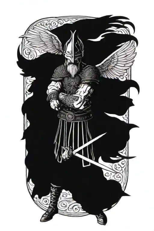 Viking Warrior With Symmertical Face Full Body With Wings Facing Straightforward
