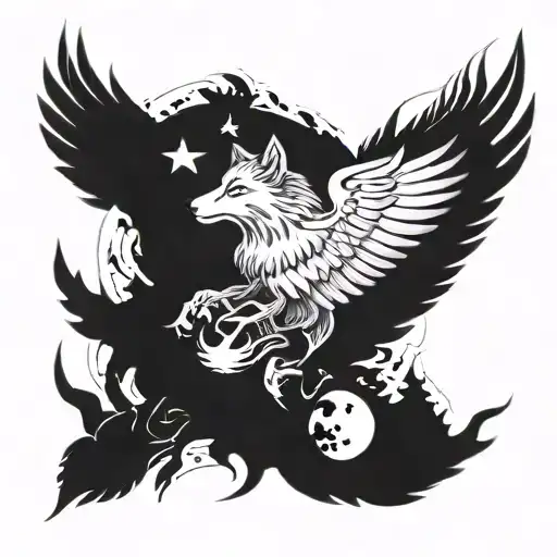 A Tattoo Design Combining A Wolf And An Eagle In A Celestial Theme