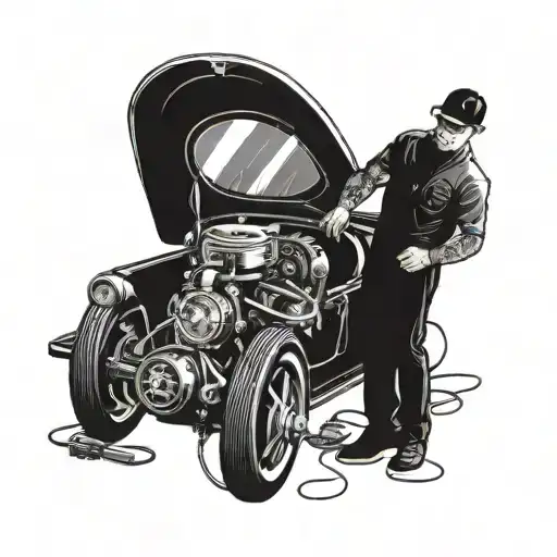 A Retro Garage Scene With A Mechanic Working On A Car Engine