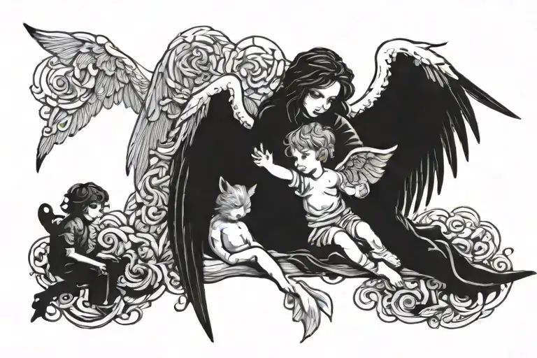 Gothic Guardian Angel Protecting Small Boy
