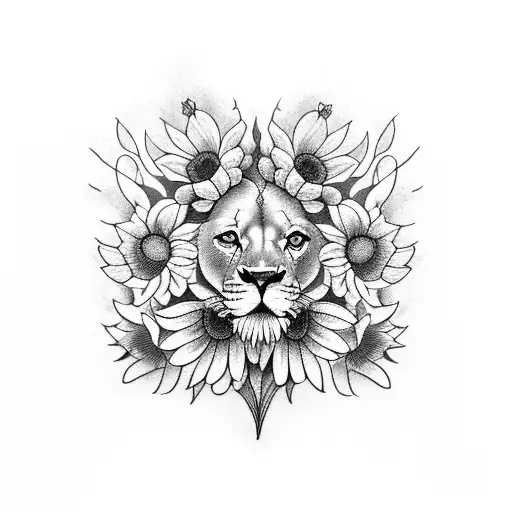 Lion With Daffodils Violets Waterlilly Poppy Morning Glory Chrysanthemum Flowers And Leaves