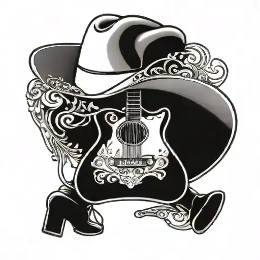 Country Music Themed Tattoo Incorporating A Guitar And Cowboy Hat