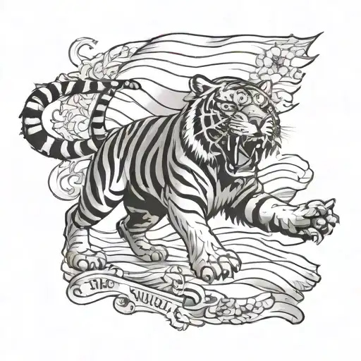 A Majestic Tiger Roaring Proudly With The Flags Of Wales And England Waving In The Background