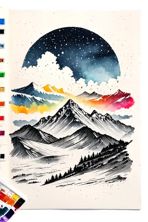 A Serene Mountain Landscape With A Colorful Paint Palette In The Foreground