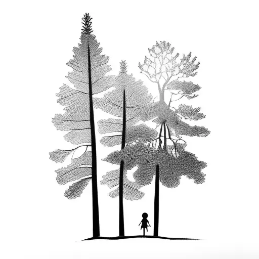 Silhouette Of Two Children Walking Holding Hands Through Pine Forest