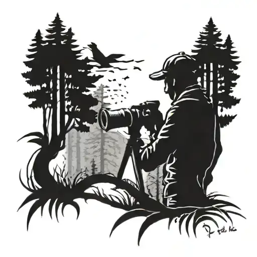 A Blackwork Tattoo Of A Silhouette Of A Birdwatcher With Binoculars In A Forest Setting