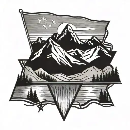 Mountains In Front Of A Lake With The Colorado Flag As The Sky Behind The Mountain