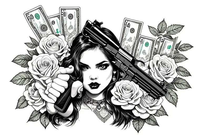 Gangster Girl Holding Gun Surrounded By Roses And Money And Cards