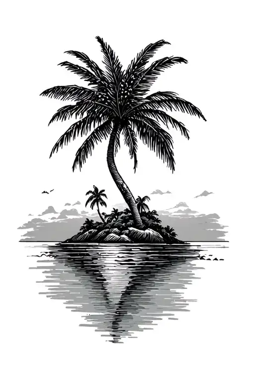 Palm Tree On Island And Sumset