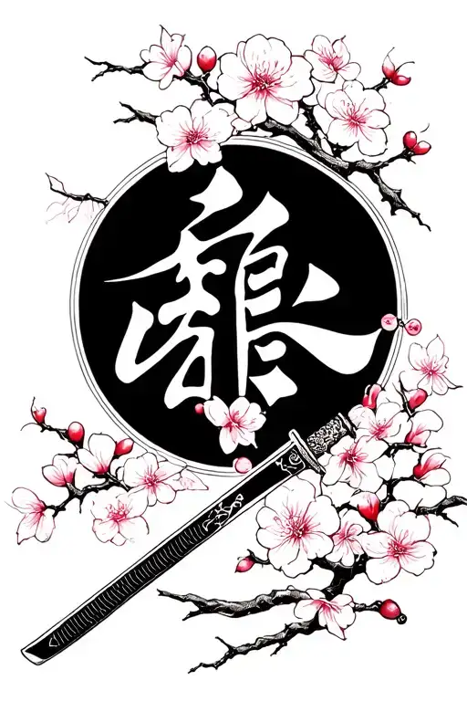 Kanji Characters With Katana Sword And Cherry Blossom