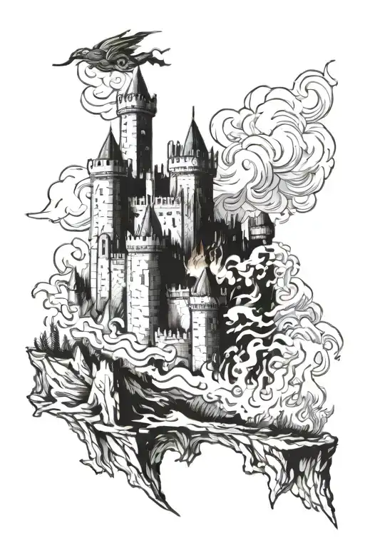 Castle Under Siege On Fire With Knights In Foreground And