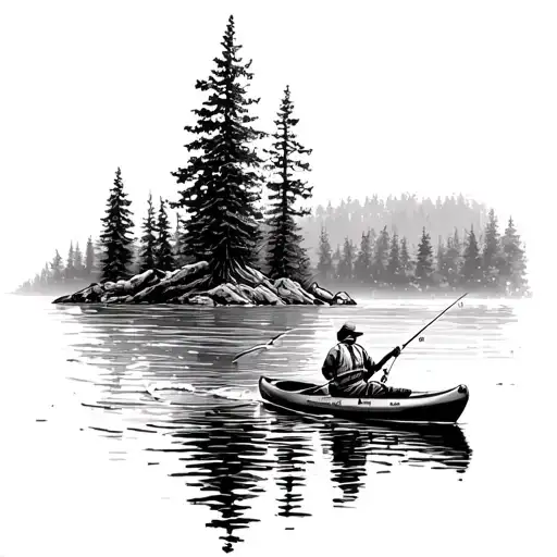 Guy Kayak Fishing On A Lake Surrounded By Trees