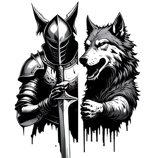 Half Shiny Knight Half Decayed Knight Holding Sword In One Hand And Decapitated Wolf Head In Othet