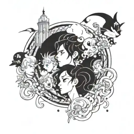 A Whimsical Mashup Of Different Anime Characters In A Surreal Dreamlike Setting