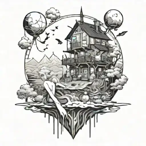 A Whimsical Mashup Of Different Anime Characters In A Surreal Dreamlike Setting