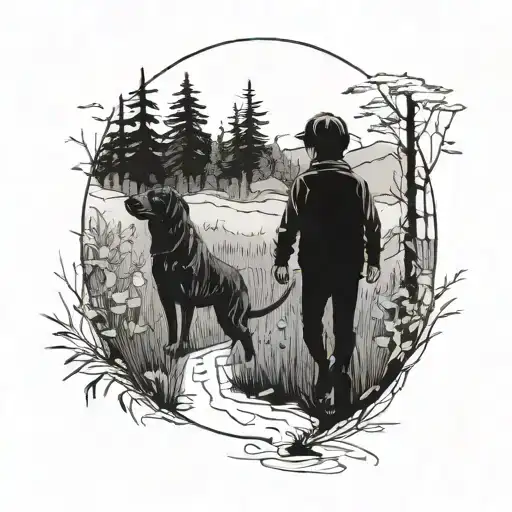 Black Lab With A Boy Walking On A Forest Path