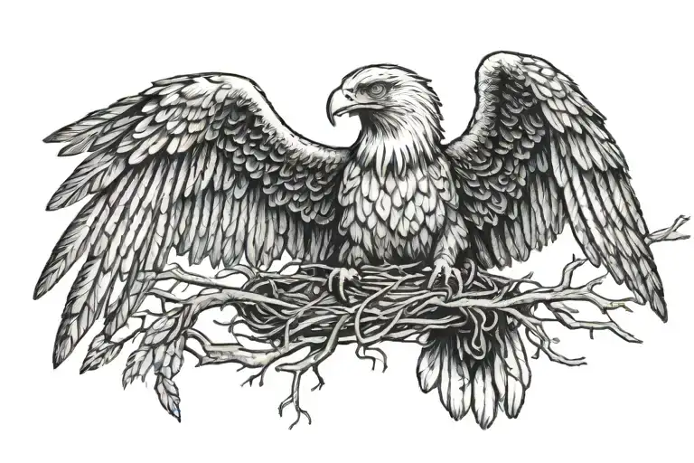 Eagle On Chest Flying Towards With Baby Eagle In Nest