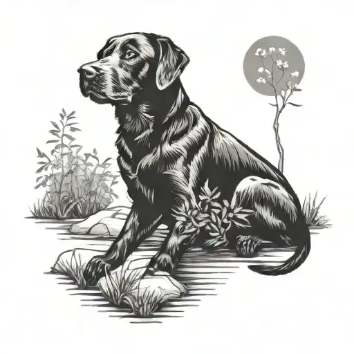 Black Lab Sitting Near A River By Bushes