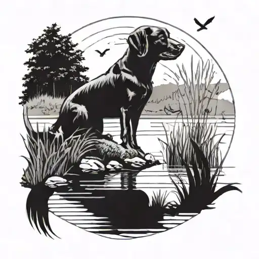 Black Lab Sitting Near A Lake By Bushes And Ducks Flying By