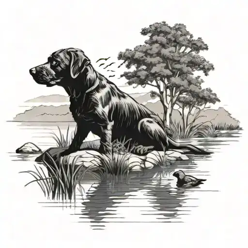 Black Lab Sitting Near A Lake By Bushes And Ducks Flying By Is Far Away