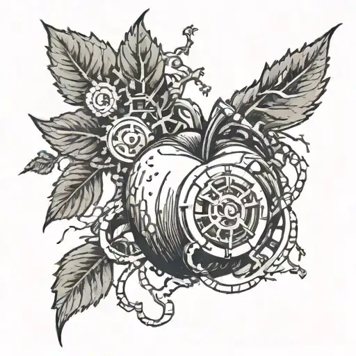 Sketch Of An Apple And A Crown With Tesla Coils Next To Them And Gears And Roots In The Background