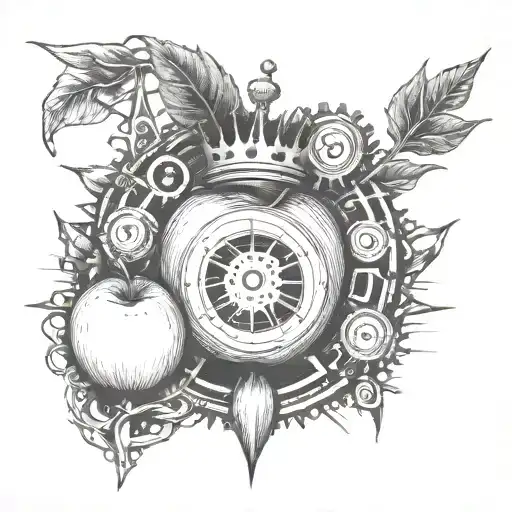 Sketch Of An Apple Under A Crown With Tesla Coils Next To Them And Gears And Roots In The Background