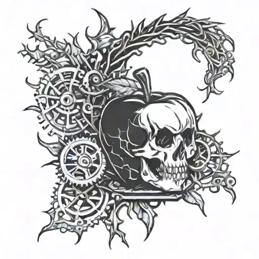 Sketch Of An Apple Under A Crown With Tesla Coils Next To Them And Gears And Roots In The Background