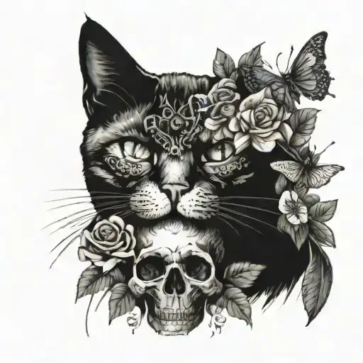 Cat With Flowers And A Skull And A Butterfly Sleeve