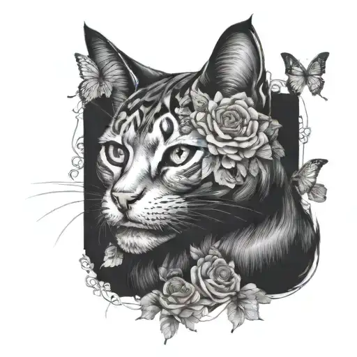 Cat With Flowers And A Skull And A Butterfly Sleeve