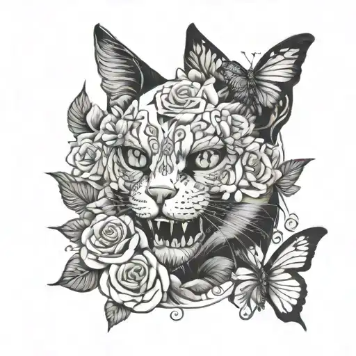 Cat With Flowers And A Skull And A Butterfly Sleeve