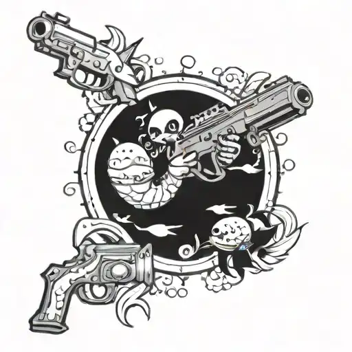 A Full Arm Sleeve Of Cartoon Sea Creatures Interacting With Guns In An Old School Style