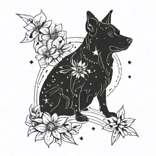 A Cosmic Scene Of A Dog Constellation Surrounded By Flowers And Stars