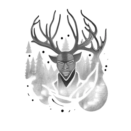A Black Figure Of A Man With Glowing White Holes Instead Of Eyes And Deer Antlers Stands A