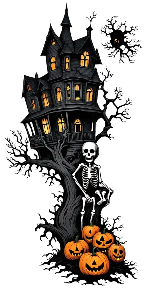 Haunted House With Pumpkins And Skeletons Color