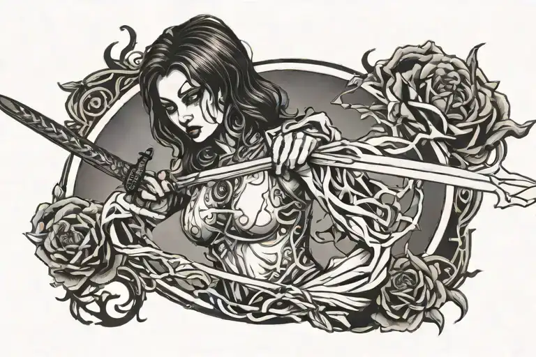 Undead Evil Woman Holding Sword Intertwined