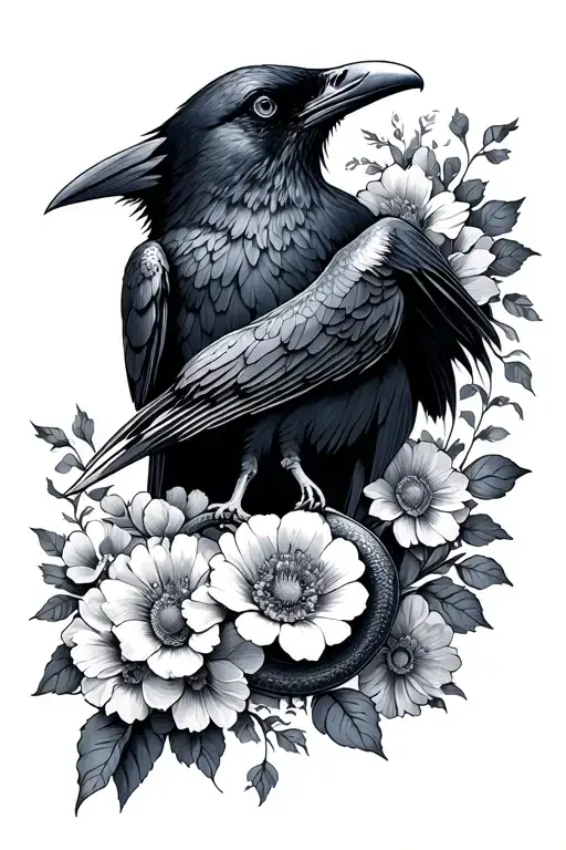 Sleeve Of Flowers With A Raven And Snake
