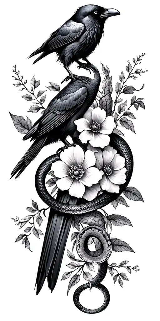 Sleeve Of Flowers With A Raven Sitting And A Snake Intertwined Flowers