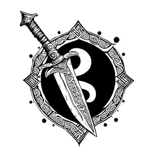 A Dagger Tattoo With A Built-in Comma Dot With Nordic-inspired Patterns Around It