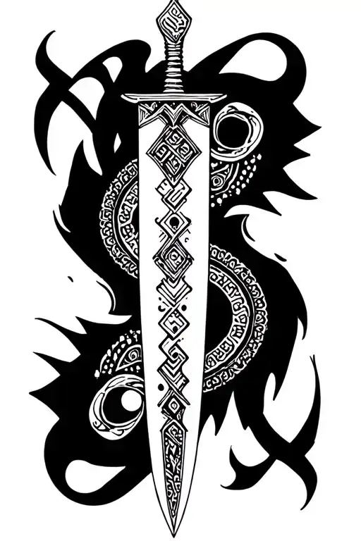 A Dagger Tattoo With A Built-in Comma Dot With Nordic-inspired Patterns Around It
