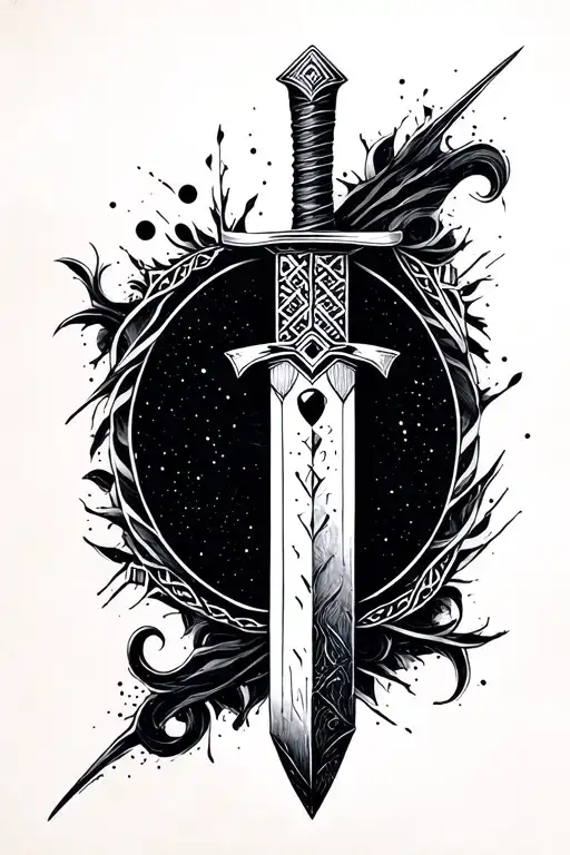 A Dagger Tattoo With A Built-in Comma Dot With Nordic-inspired Patterns Around It