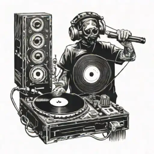 A Detailed Blackwork Tattoo Of A Dj Spinning Records At A Music Festival