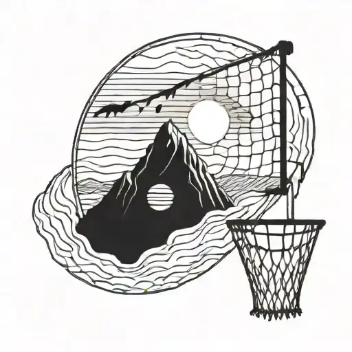 A Volleyball Net Strung Between Two Mountain Peaks With The Sun Setting Behind Them