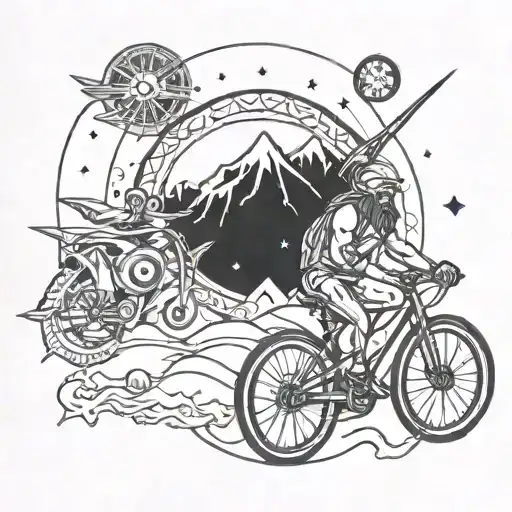 Poseidon Trident With Space And Planets And Bike And Mountain