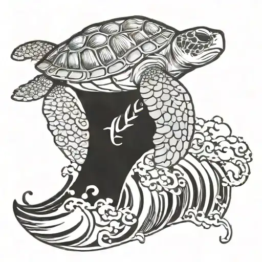 A Majestic Sea Turtle Riding A Giant Wave With Military-inspired Details
