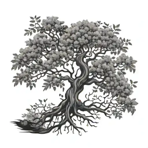 A Detailed Blackwork Tattoo Of A Majestic Tree With Intricate Branches And Leaves Intertwined
