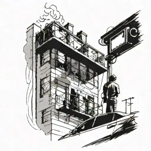 Man On Balcony Of Apartment On Fire Looking At Car At Traffic Light