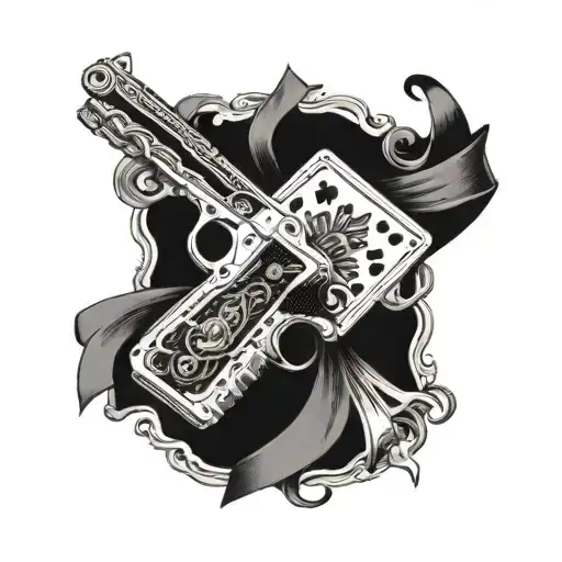 Gun And Playing Cards With A Ribbon That Says Dead Man's Hand