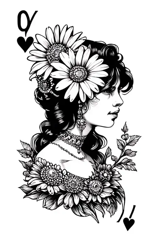 Daisy With Stem And Queen Of Diamonds