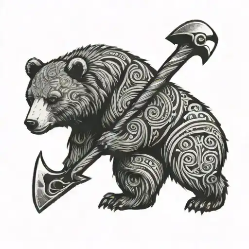 A Blackwork Tattoo Of A Bear With Perun's Ax Incorporated Into Its Design
