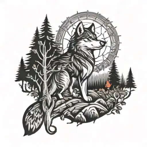 A Blackwork Tattoo Of A Red Husky Exploring A Mystical Forest Inspired By Legend Of Zelda